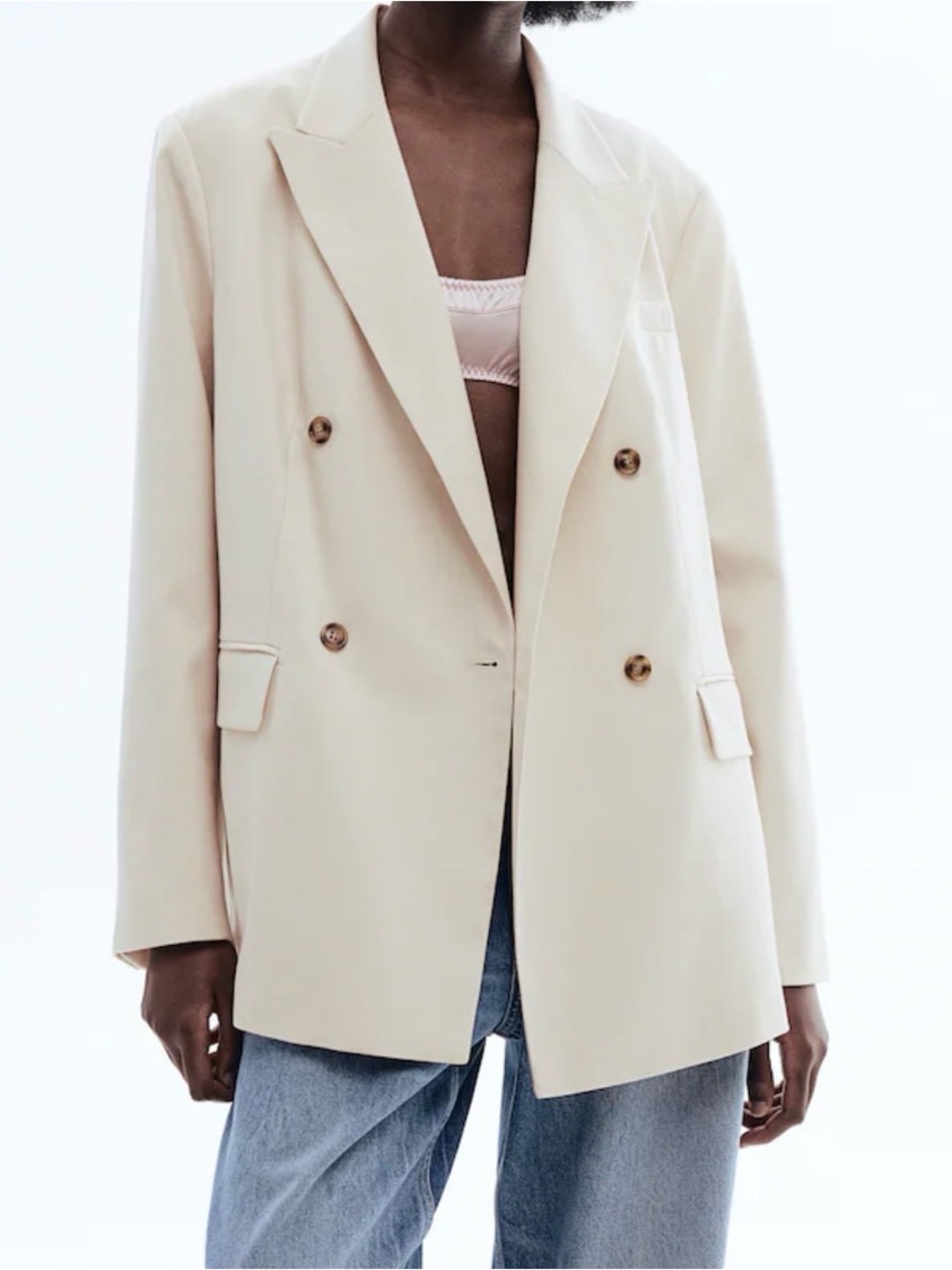 H&M Double-Breasted Cream Blazer with Tortoiseshell Buttons